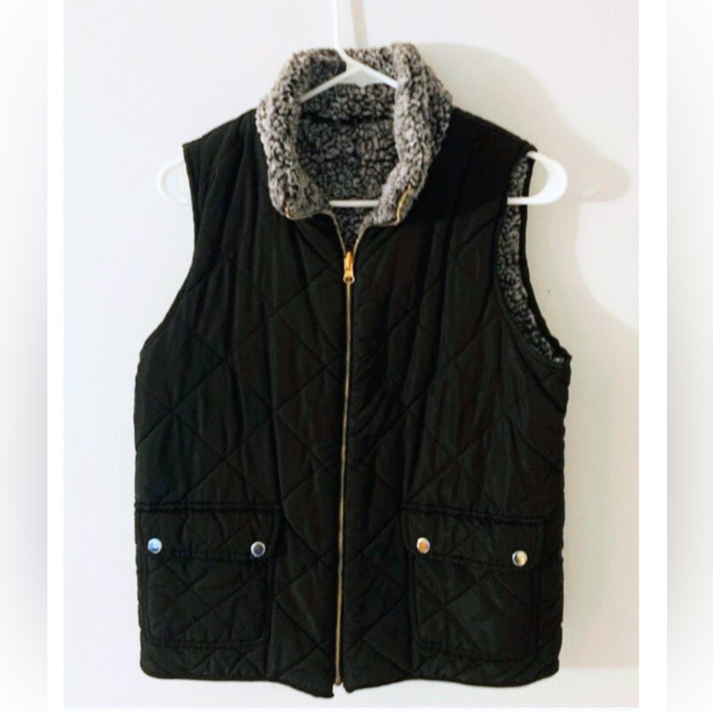 Faux Fur Sleeveless Zip Up Vest Winter Fall Cold Weather Black Gray Small